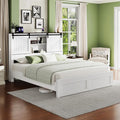Queen Size Bed Frame with Storage, Sliding Barn Door, Farmhouse Wood Platform Bed with Reading Light and Charging Station, Wood Slats Support, Easy Assembly, Noise-Free, Antique White