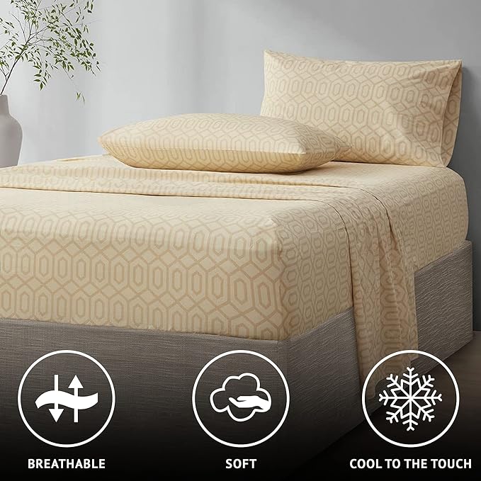 Comfort Spaces 144TC Cotton Sheet Set Breathable, Lightweight, Soft with Elastic Deep Pocket, Modern All Season Cozy Bedding, Matching Pillow Case, Twin, Diamond Tan 3 Piece