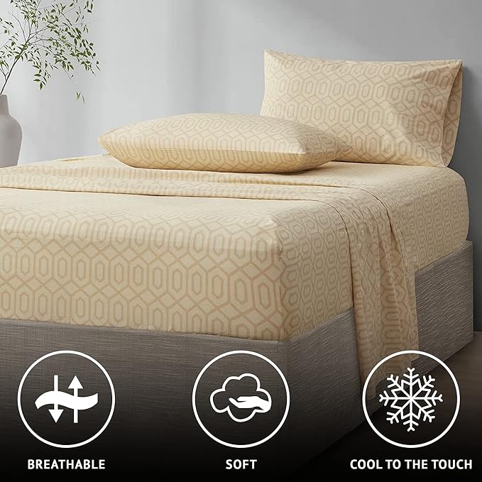 Comfort Spaces 100% Cotton Sheet Set Breathable, Lightweight, Soft with 12" Elastic Pocket Fits up to 14" Mattress, All Season Cozy Bedding, Matching Pillow Case, Twin XL Diamond Tan 3 Piece