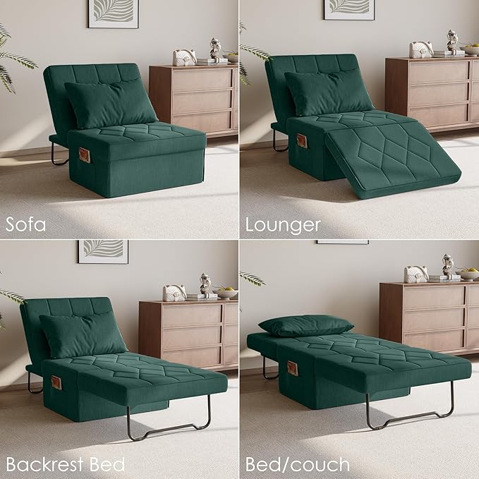 Convertible Sofa Bed with 5-Level Adjustable Backrest, 74" D x 28" W 4-in-1 Folding Ottoman Sleeper Chair Bed, Modern Single Futon Couch for Living Room Apartment Dorm Small Space, Green