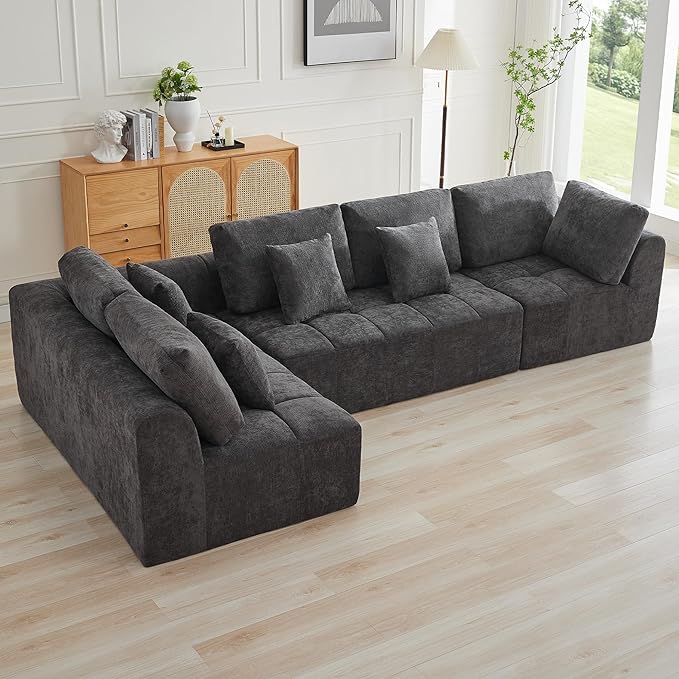 140''Modular Sectional Couches for Living Room, Cloud Boneless Compressed Sectional Sofa, Oversized L Shaped 5 Seater Upholstered Memory Foam Sofa, No Assembly, Chenille Grey
