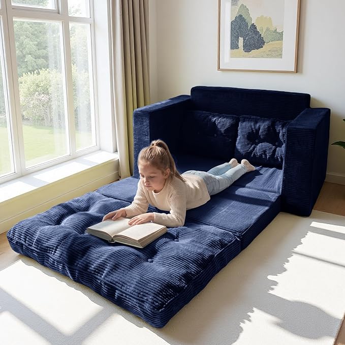 MAXYOYO Convertible Sofa Bed, Pull Out Loveseat Sleeper Sofa, 2 in 1 Folding Couch Bed, Fold Out Floor Couch with Pillows for Living Room Lounge, Navy