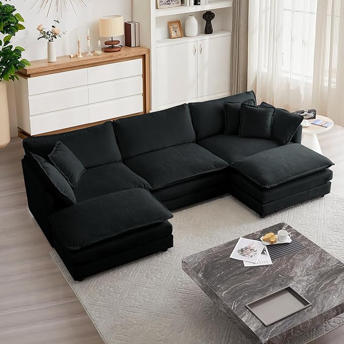 mikibama Modular Sectional Sofa, 111.5 Inch U Shaped Couch Set for Living Room, 3-Seater Comfy Cloud Couches with Movable Ottoman, DIY Combination, Chenille, Black