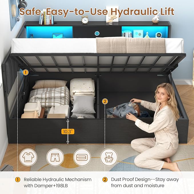 Hasuit Corner Full Lift Up Storage Bed Frame with Charging Station & LED Lights, Full Day Bed with Upholstered Headboard and Bookcase, Corner Beds with Hydraulic for Kids Teens Guests, Black