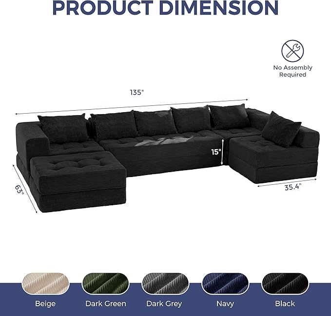 MAXYOYO Modular Sectional Sofa Couch, Foldable U Shaped Cloud Couch with Pillows, Tufted 7-Seat Boneless Sleeper Lounger Floor Sofa Bed for Living Room, No Assembly Required, Black