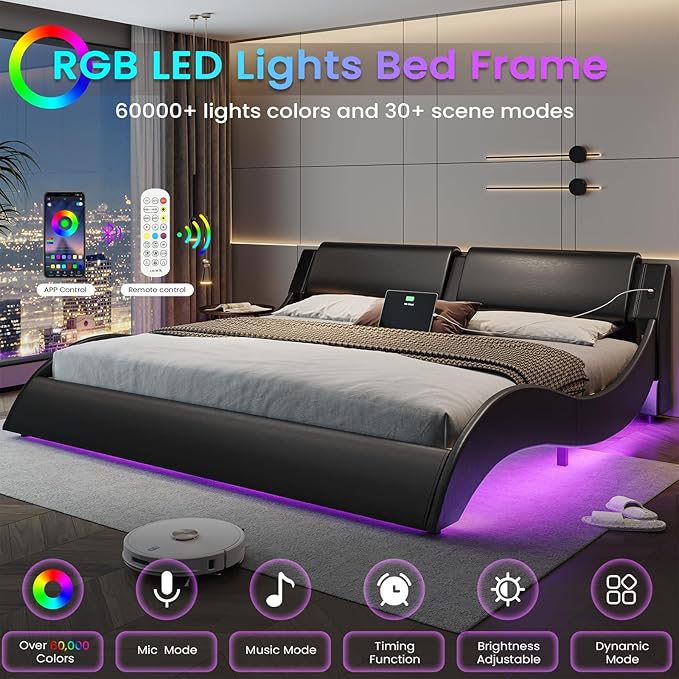 DICTAC King Size Bed Frame with Headboard and Charging Ports Modern Low Profile King Platform Bed Frame with LED Lights Wave Like Curve Led Bed Frame King Size with Wood Slats Support,Black