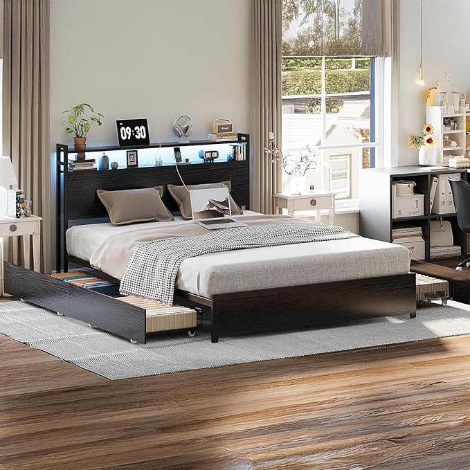 VINGLI Metal Bed Frame King with 4 Drawers and Storage Headboard, Platform with Charging Station and LED Lights, No Box Spring Needed, Noise Free, Easy Assembly, Black