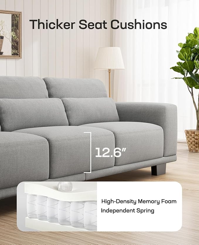 Marsail 89" Couch, 3-Seater Modern Sofa with Deep Seats, Comfy Upholstered Linen Sofas for Living Room, Apartment, Light Grey
