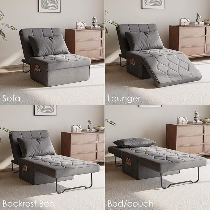 Convertible Sofa Bed with 5-Level Adjustable Backrest, 74" D x 37" W 4-in-1 Folding Ottoman Sleeper Chair Bed, Modern Single Futon Couch for Living Room Apartment Dorm Small Space, Light Grey