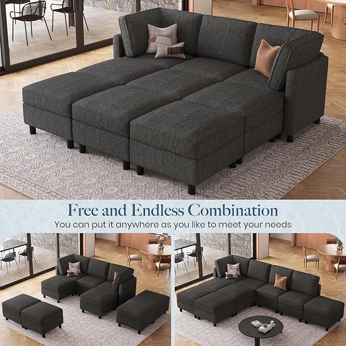Belffin 84.3" 9 Seats Sleeper Sofa Modular Sectional Sofa Washable Sectional Couches for Living Room Comfy Couches with Storage Seat Couch Sofas with Chaise,Dark Grey