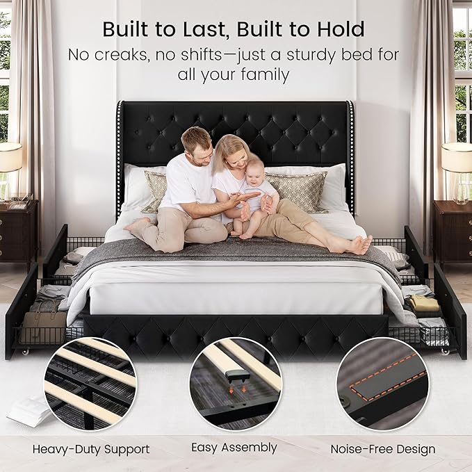 LARMACE King Size Bed Frame with 4 Storage Drawers and 47.2" Tall Tufted Headboard Velvet Upholstered Platform Bed Frame Wingback Beds with Wooden Slats Support, Easy Assembly, Black