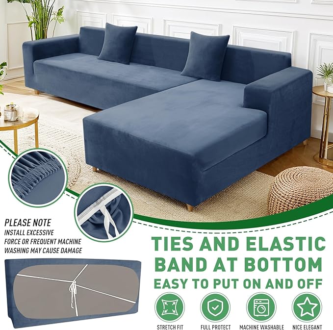 ZNSAYOTX 2026 Soft Velvet Sectional Couch Covers, Luxury Plush Slipcovers with Elastic Bottom for L Shape Sectional Sofa, 2 Pcs Pet Friendly Protector (3 Seat Couch + 3 Seat Chaise, Navy Blue)