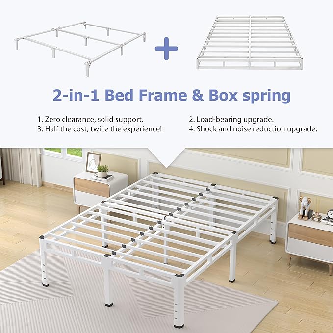 NKZ 24 Inch Full Size Bed Frame, Metal Bed Frame & Box Spring 2 in 1 Platform with Round Corner Legs, 4000Lbs Heavy Duty Metal Frame, Mattress Slide Stopper, Headboard Hole, Noise-Free, Easy Assembly