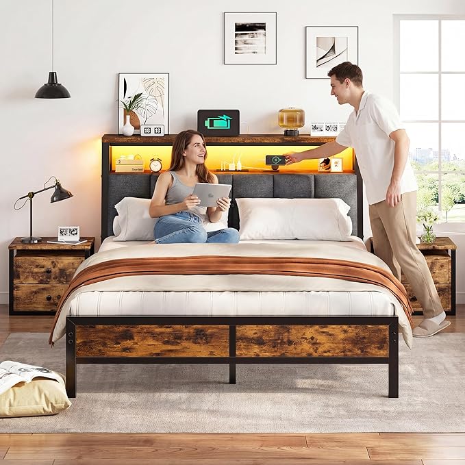 Homkdom Queen Bed Frame with Charging Station and LED Lights, Grey Upholstered Headboard with 2-Tier Storage Shelves,Metal Platform with 12" Under-Bed Storage, No Sliding,Noise-Free,1000LBS