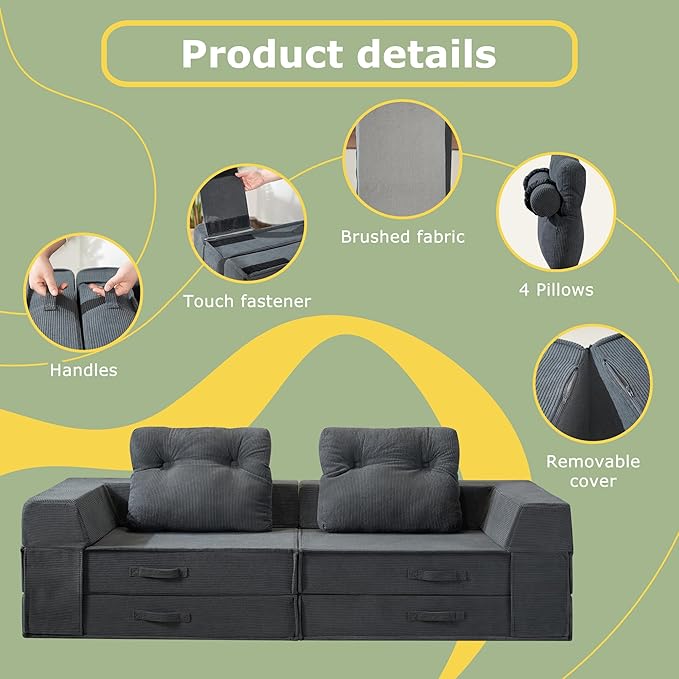 Folding Sofa Bed, 4 in 1 Convertible Sleeper Chair with Pillow, Loveseat Memory Foam Fold Out Chair Bed, Modern Floor Futon Sofa Couch Mattress for Living Room/Guest/Apartment, Black Grey | Compressed sofa, L shaped armrest, Sturdy backrest, Large supp...