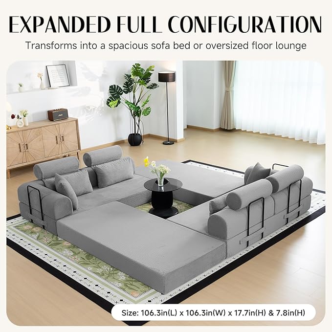106" L-Shaped Modular Boneless Couch, 2-Piece System (2×70.87"), Convertible Sectional to 141.7" Straight Sofa, Corduroy Couch in a Box, Headrest & Back Pillows for Living Room, Light Grey