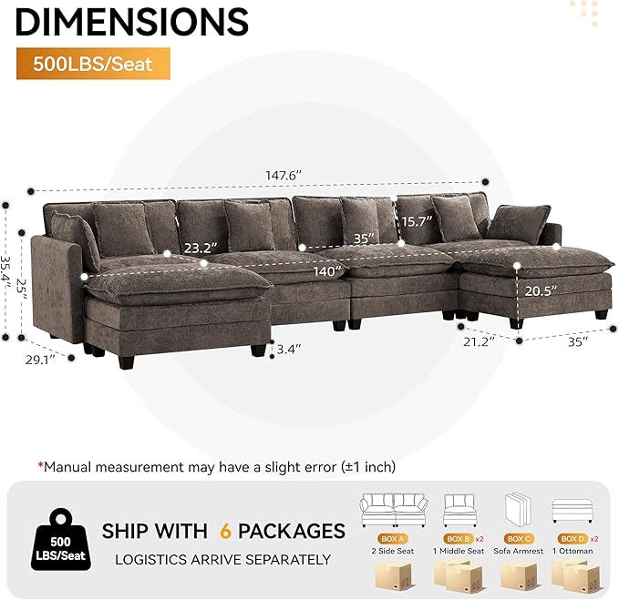 147'' Sectional Cloud Deep Seat Couch, Oversized Chenille U Shaped Sectional Sofa for Living Room Set, Comfy Upholstered Modular Sectional Sofa Couch with Movable Ottoman, Brown