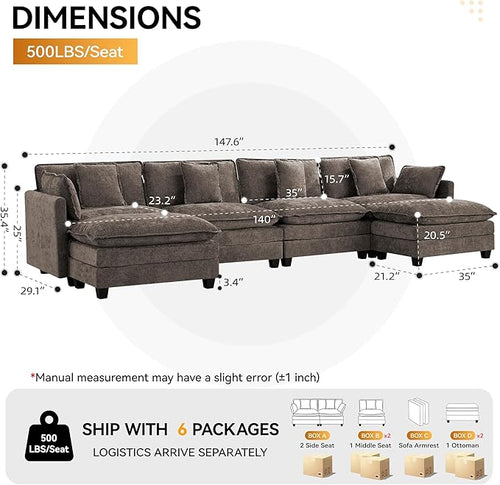 147'' Sectional Cloud Deep Seat Couch, Oversized Chenille U Shaped Sectional Sofa for Living Room Set, Comfy Upholstered Modular Sectional Sofa Couch with Movable Ottoman, Brown