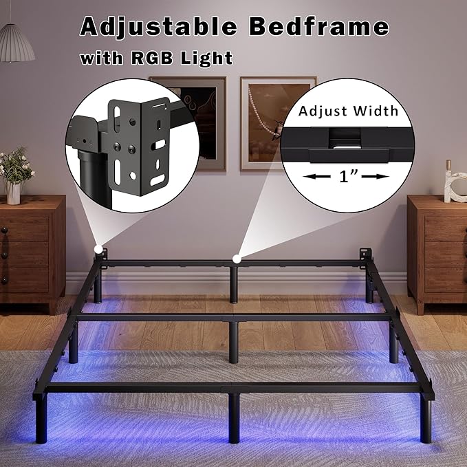 SHOANED King Size Bed Frame with LED, 7 Inch Metal Steel Bedframe for Box Spring and Mattress, Heavy Duty Basics Bed Base, Noise Free, Easy Assembly, Black, Adjustable