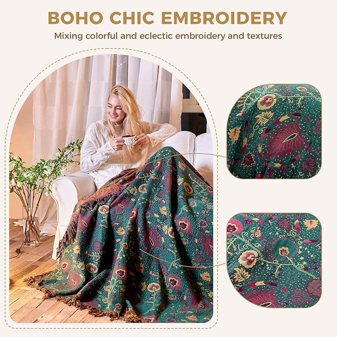 Boho Throw Blanket for Bed 100% Cotton Soft Quilt Home Livingroom Decor Spring Bed Blankets,Floral Reversible All Season Breathable Throw for Sofa Couch Chair 80"x90"