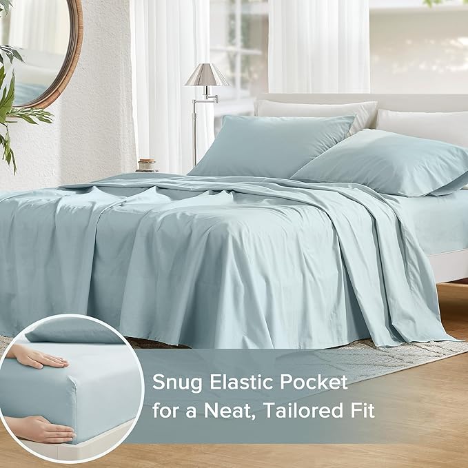 Comfort Spaces 100% Cotton Sheets Cal King, Breathable & Soft Cotton Sheets, Naturally Cool Cotton Bed Sheets with 14" Elastic Pocket Fits up to 16" Mattress, All Season Sheet Set, Light Blue 4 Piece