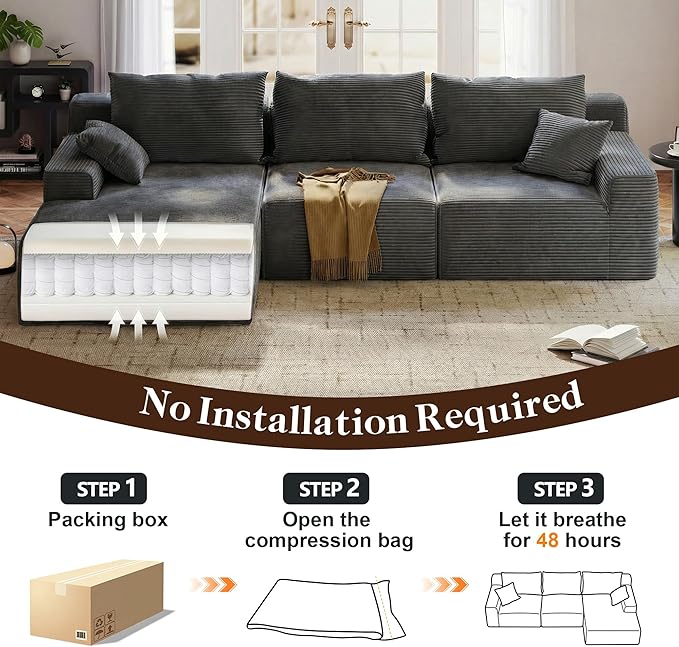 97" L-Shaped Boneless Modular Cloud Couch, Comfy Corduroy Sectional Sofa with Deep Seat and Left Facing Chaise, Flexible Module Combination for Living Room, No Assembly Required (Grey)