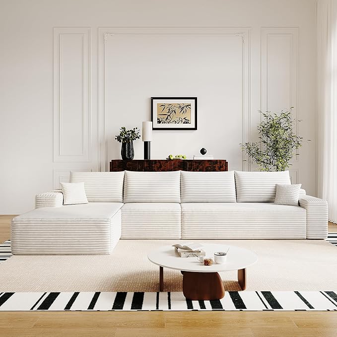 136" Sectional Couches for Living Room Cloud Couch Sofa with L-Shape Upholstered Boneless Couchs Modern Modular Sectional Couch with Chaise (White, 136" Left Facing Chaise+3Seaters)