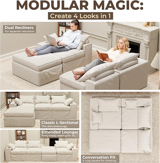 108 Inch Cloud Sectional Couch, Modular Sectional Sofa with Deep Seat, Convertible L-Shape Couch with Ottoman, 3 Seater Cloud Couches for Living Room, No Assembly Required (Warm White)