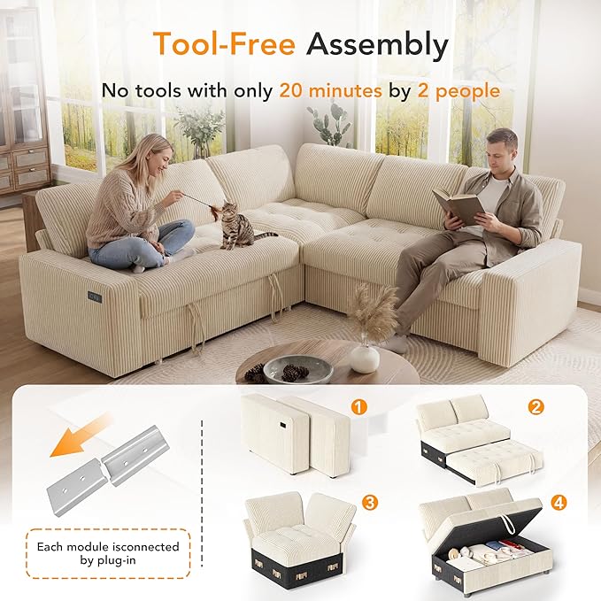 Vipbear Pull Out Sofa Bed Sectional Sleeper Sofa with Reclining Backrest & Storage, Plush Pullout Modular Sectional Couches with USB Charging, L Shaped Convertible Couch Bed for Apartment, Beige | Breathable material, Tool-Free Assembly