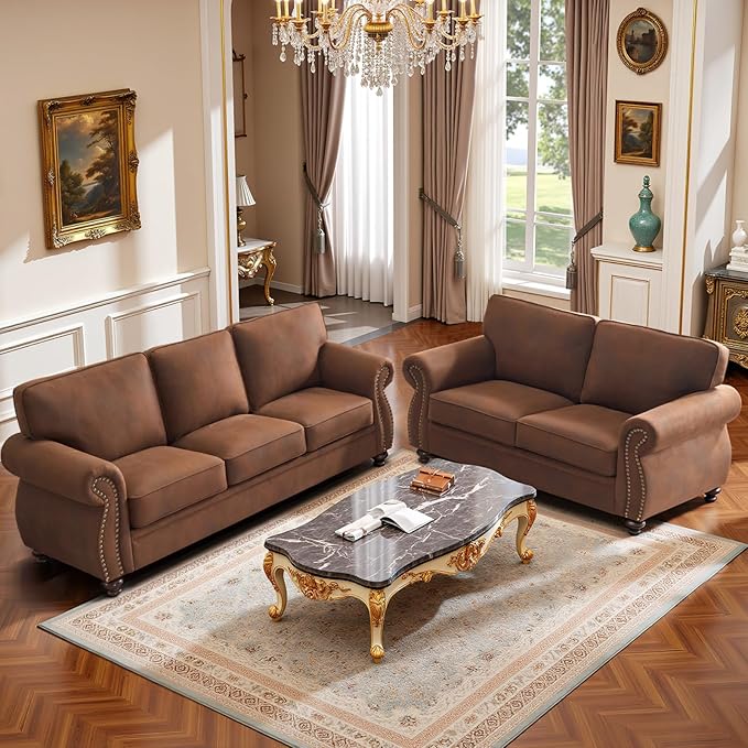 Mid-Century Vintage Sofa Couches with Rivet Design,loveseat Sofa,Removable Sofa Cover Upholstered Cushions and Solid Wood Frame (Caramel, Loveseat)