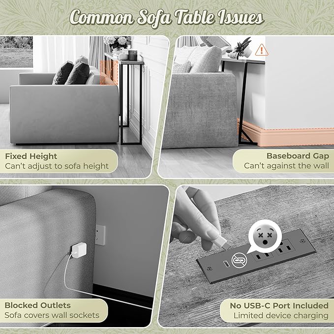 Huuger 110.2 Inch Sofa Table with Power Outlets, 23.9’’-34.4’’ Height Adjustable Range, Behind Couch Table with USB-C Ports, Sofa Tables Narrow Long, Skinny Console Table, for Small Spaces, Grey