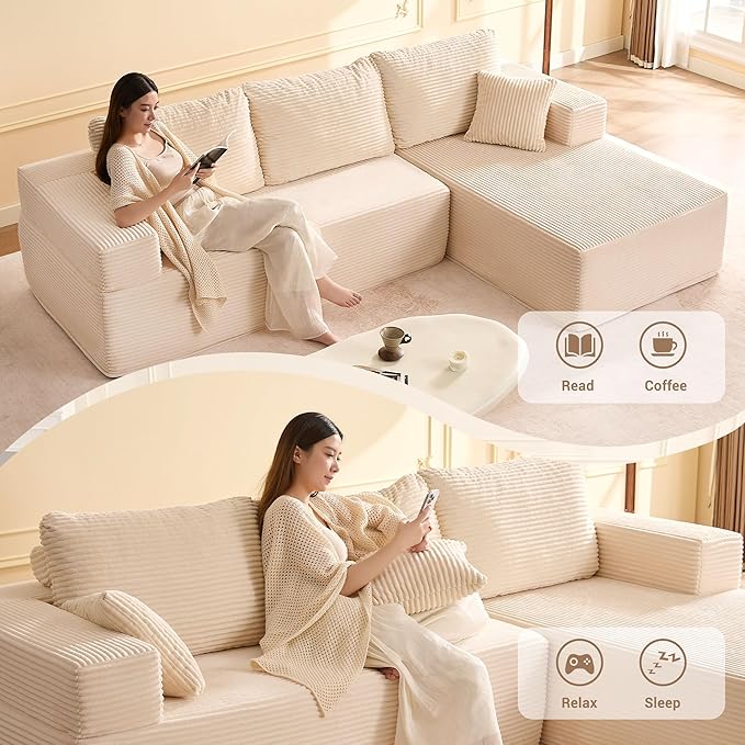 107" Boneless Couch with Deep Seat, Set of Modular Sectional Sofa, Cloud Sectional Couch for Living Room, No Assembly Required, Corduroy, L-Shape Right, White