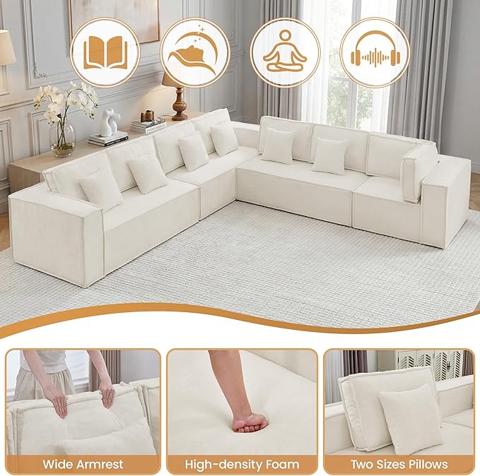 138'' Boneless Chenille L Shaped Couch, Oversized Modular Sectional 7 Seater Sofa, Modern Deep Seat Corner Cloud Compressed Couch, No Assembly Sleeper Sofa with Chaise for Living Room, Beige