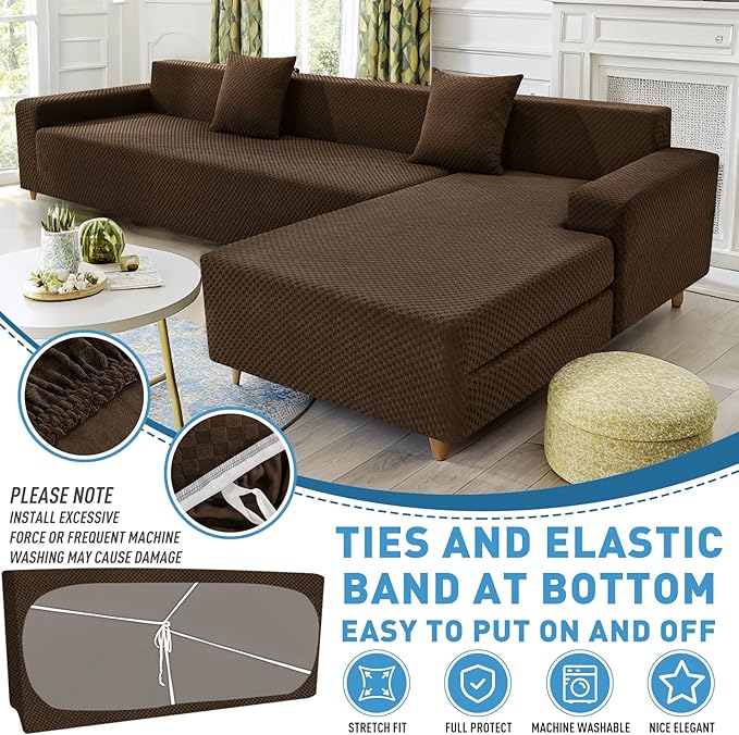 ZNSAYOTX Sectional Couch Covers, Stretch Jacquard Slipcovers with Elastic Bottom for L-Shape Sectional Sofa, 2 Pcs Pet Friendly Modular Sofa Protector (3 Seat Couch + 3 Seat Chaise, Dark Coffee)