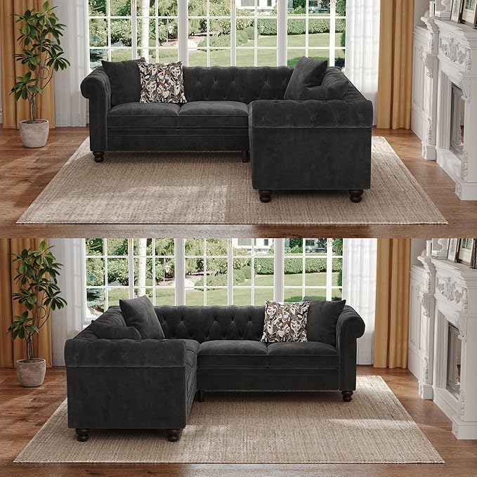 ONBRILL Velvet Chesterfield Sofa, L Shaped Sectional Sofa with Tufted Back & Rolled Arms, 3 Throw Pillows, Small Corner Sectional Couch for Living Room, Apartment, Black | Velvet Fabric