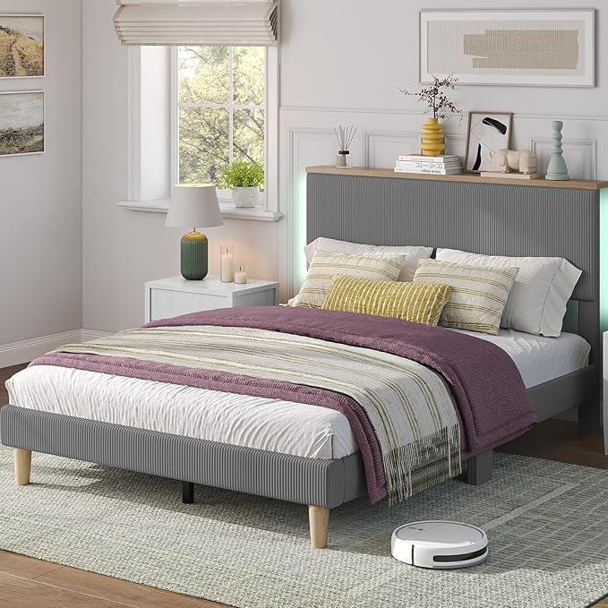 Bestier Queen Bed Frame with Adjustable Headboard & LED Lighting, Corduroy Upholstered Platform Bed Frame with Storage Shelf, Solid Wood Slats, No Box Spring Needed, Never Squeak, Easy Assembly, Grey