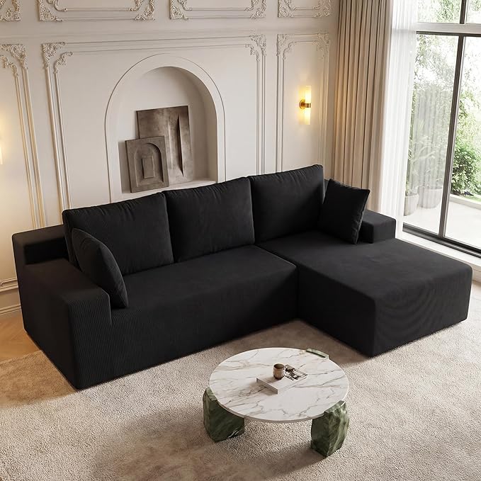 Cloud Sectional Boneless Couches for Living Room, Modular L Shaped Couch with Deep Seat Oversized Right Facing Chaise, Memory Foam Compressed Spineless Sofa for Bedroom, Fine-Striped Black | Washable Covers, Flexible Modular, High-Resilience Foam, Cat-...