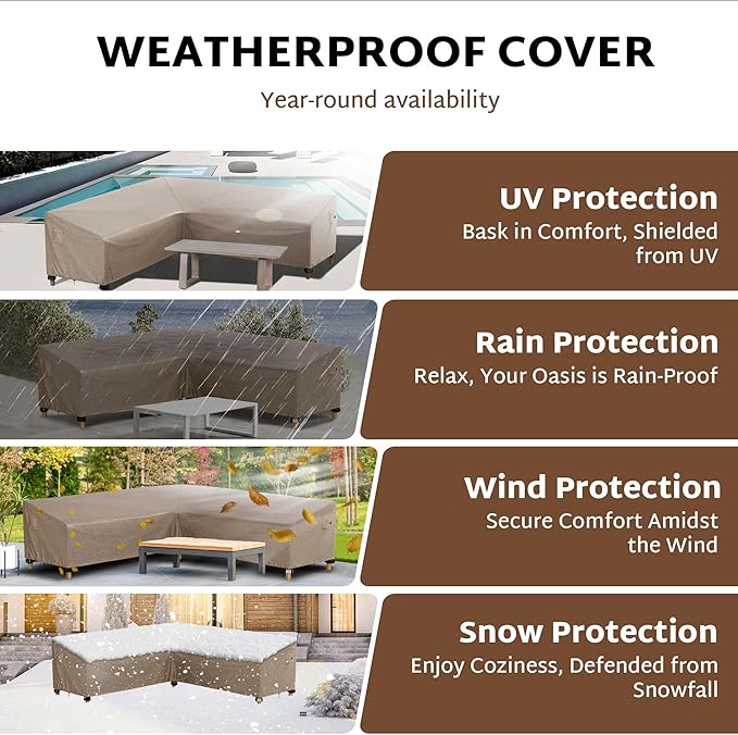 iBirdie Outdoor Sectional Cover fit 95 x 95 inch, 94 x 93, 93 x 92 L-Shaped Patio Sofa Waterproof Weatherproof 600D Heavy Duty Garden Furniture Cover for Outside L Shape Couch, Brown