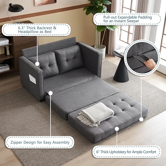 VINGLUpgraded Loveseat Sleeper, 53.5"W 83"L Convertible Sofa Bed Couch Futon Couches for Living Room, Twin Folding Couch Bed for Small Spaces, Foldable Floor Gaming Sofa Bed for Basement, Dark Grey