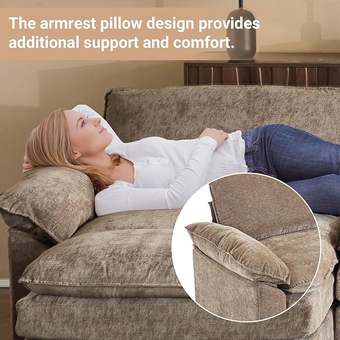 VINGLI Convertible Sectional Loveseat Sofa with Deep Seat &Movable 2-Layer Ottoman, Oversized L-shape Cloud Sofa with Chaise & Armrests, 2-Seat Sofa for Small Spaces & Apartment, Chenille, Light-Brown