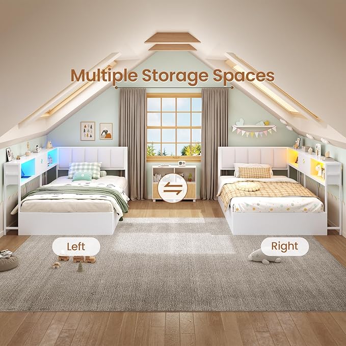 Hasuit Corner Twin Lift Up Storage Bed Frame with Charging Station & LED Lights, Twin Day Bed with Upholstered Headboard and Bookcase, Corner Beds with Hydraulic for Kids Teens Guests, White