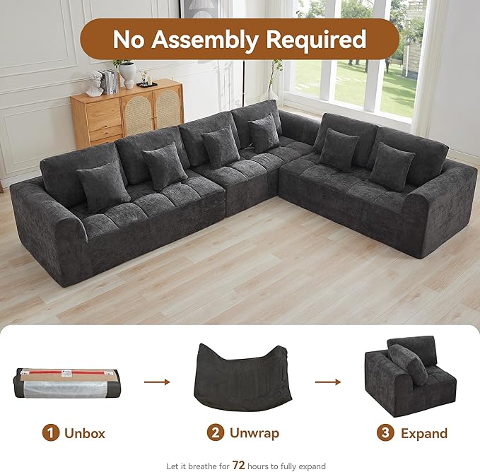 140''Modular Sectional Couches for Living Room, Cloud Boneless Compressed Sectional Sofa, Oversized L Shaped 6 Seater Upholstered Memory Foam Sofa, No Assembly, Chenille Grey