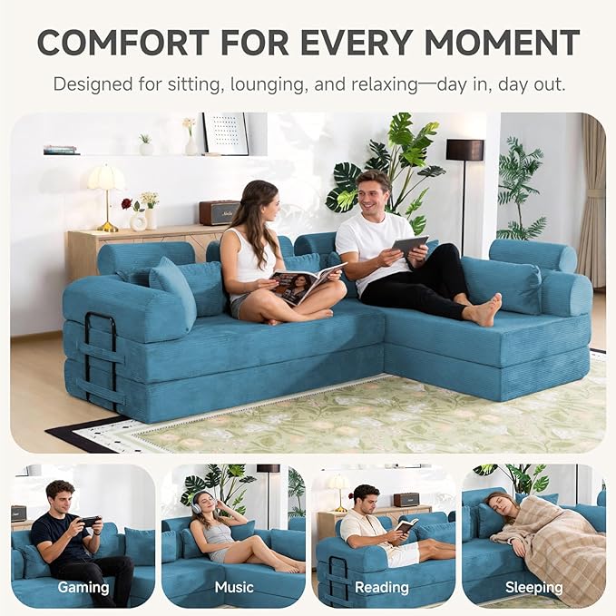 106” L Shaped Boneless Sectional Couch, Two 70.87” Pieces Convert to 141.7” Extra Long Straight Sofa, Corduroy Couch in a Box with Headrest and Back Pillows for Apartment Living Room, Light Blue