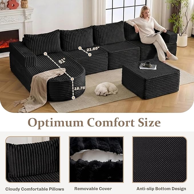 132” Boneless Couches for Living Room, L-Shaped Modular Sectional Sofa with Chaise & Ottoman, Modern Corduroy Cloud Couch with Deep Seat, Comfy Sponge Compression Convertible Sofas