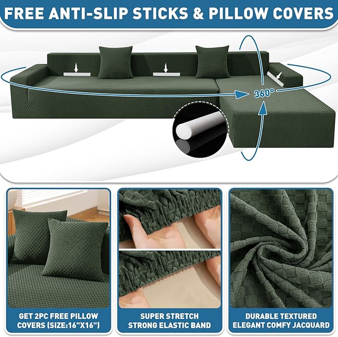 ZNSAYOTX Sectional Couch Covers, Stretch Jacquard Slipcovers with Elastic Bottom for L-Shape Sectional Sofa, 2 Pcs Pet Friendly Modular Sofa Protector (3 Seat Couch + 2 Seat Chaise, Army Green)