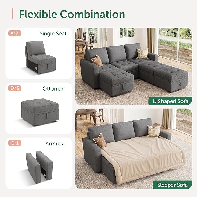 HONBAY Modular Sectional Couch Sleeper Sofa Bed with Storage Seats Oversized Sectional Couches for Living Room,Grey