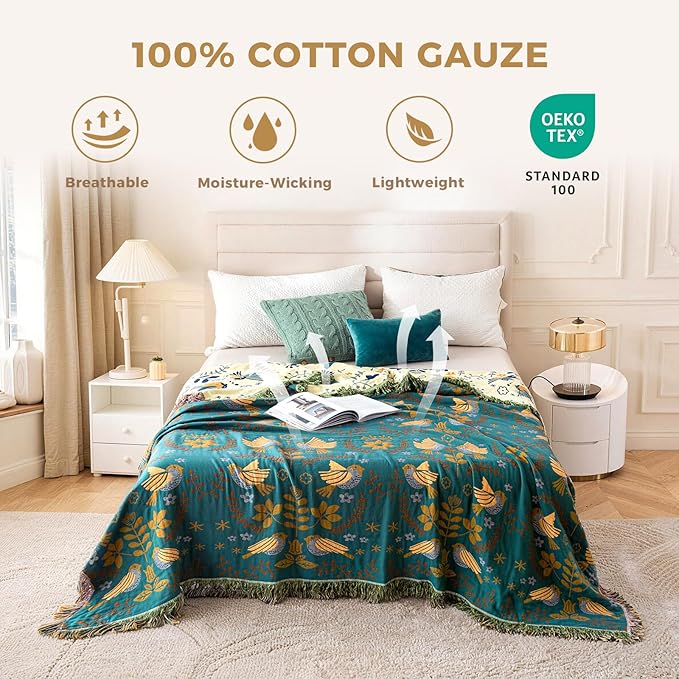 Boho Throw Blanket for Bed 100% Cotton Soft Lightweight Quilt Blanket Bird Floral Embroidery Spring Room Decor Large Bed Blankets,90"x98" All Season Rustic Throw for Sofa Couch Chair