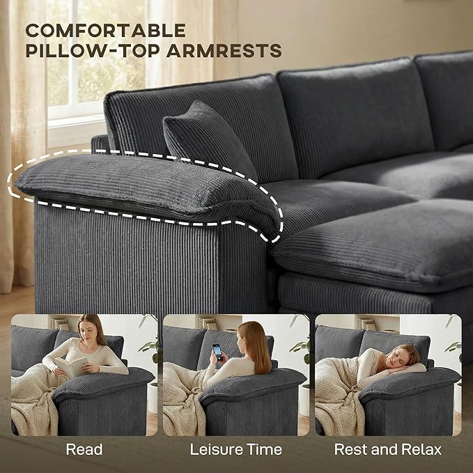 HOMCOM Modular Sectional Sofa Couch 124" Oversized L Shape Sectional Cloud Couch with Deep Seat, Movable Ottoman and Pillow-top Armrests for Living Room, Bedroom and Apartment, Dark Gray | Deep seat
