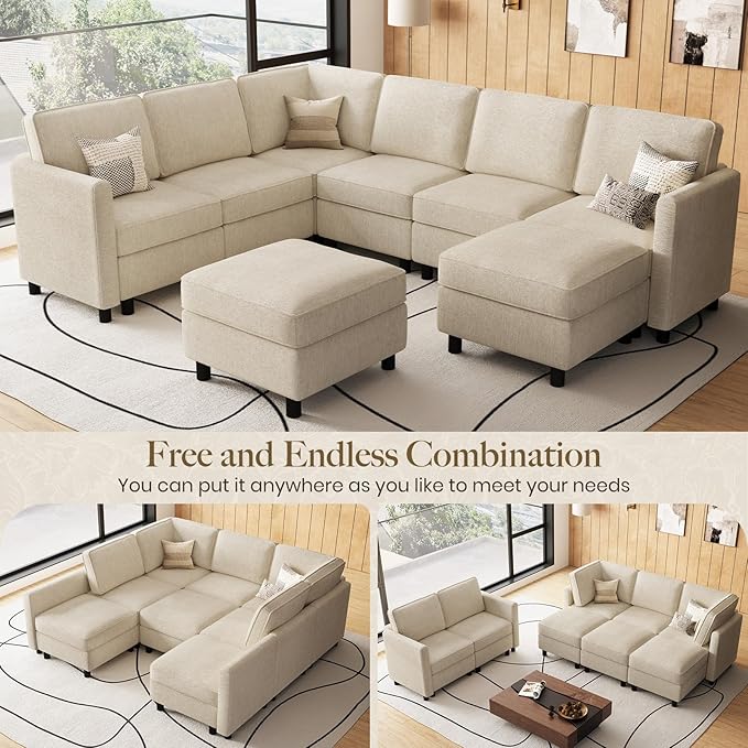 Belffin 107.1" 8 Seats U Shaped Couch Modular Sectional Sofa Seat Couch with Storage Comfy Washable Sectional Couches for Living Room Sofas Set with Chaise,Beige