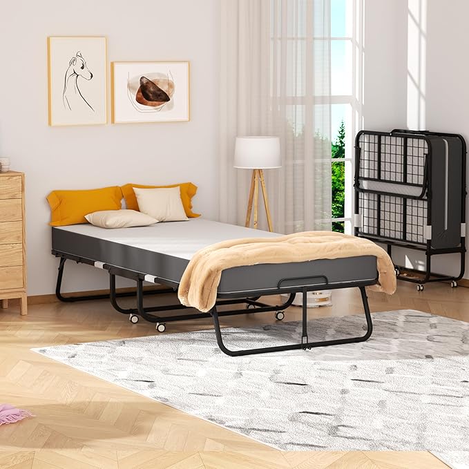 INTERGREAT Folding Bed with Mattress, 75.2" x 31.5" Portable Folding Bed for Adults, Foldable Bed with 5-inch Mattress for Guests, Heavy-Duty Steel Frame Supports Rollaway Bed for Easy Storage | Portable, For Adults, 5-inch Mattress, Heavy-Duty Steel, ...